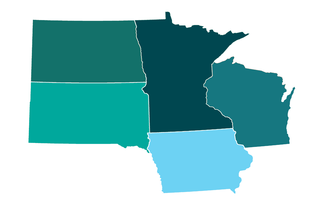 Map of 5 States: Iowa, Minnesota, North Dakota, South Dakota, and Wisconsin